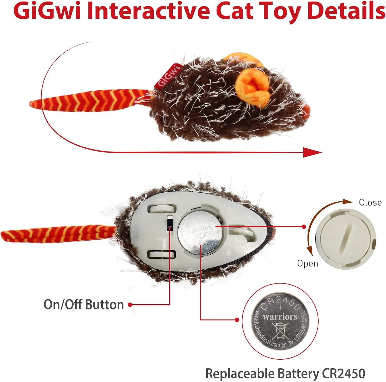 Interactive Cat Toys for Indoor Cats, Cat Mouse Toys with Electronic Realistic Squeaky Sound, Automatic Moving Kitten Toys Electric Mice Toy Self Play Exercise(Orange Ear)