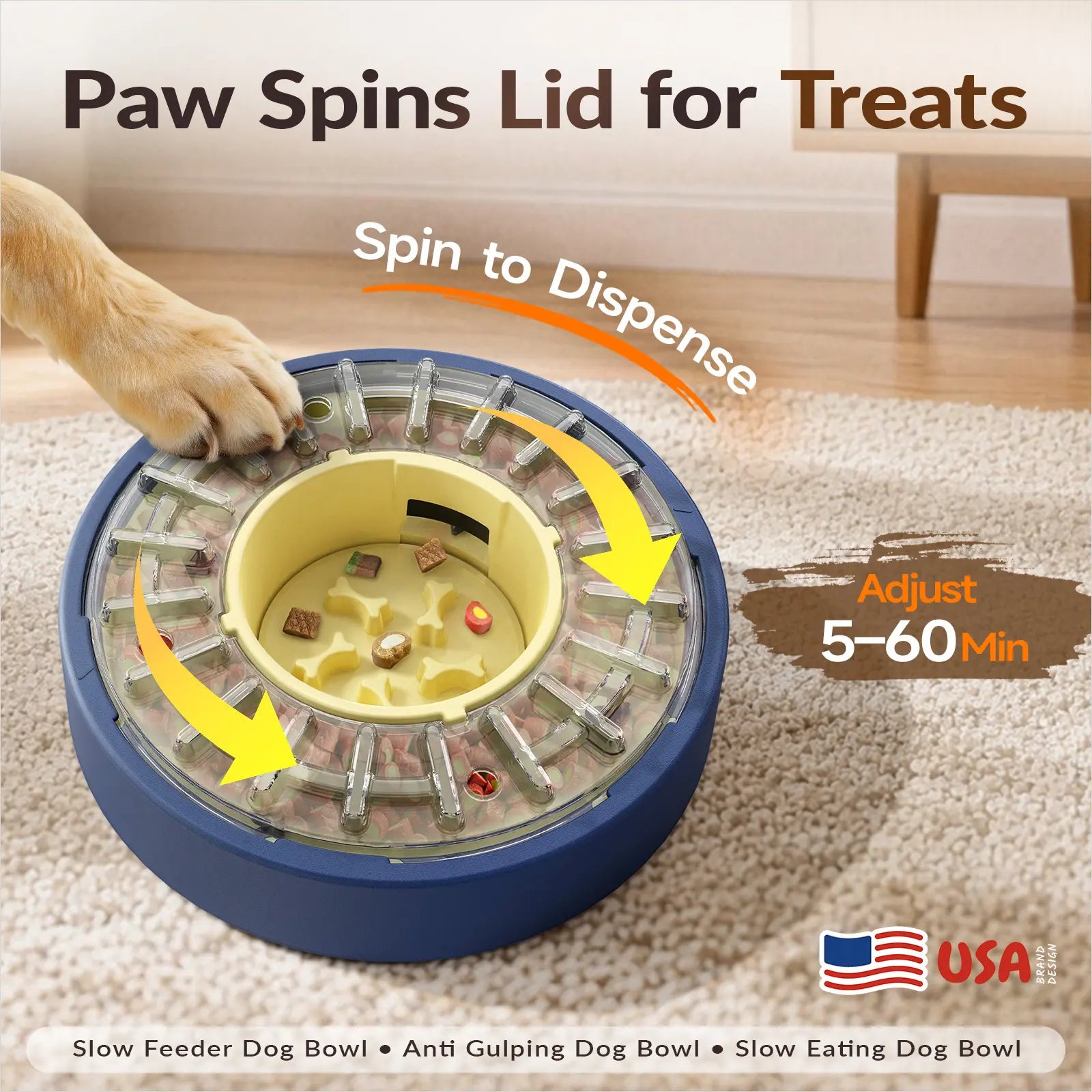 KADTC 5-60 Min Adjustable Slow Feeder Bowl for Fast Eaters, Spinning Dog Puzzle Feeder, Anti-Gulping Interactive Food Dispenser, 4-Cup Capacity, Mental Enrichment Treat Toy