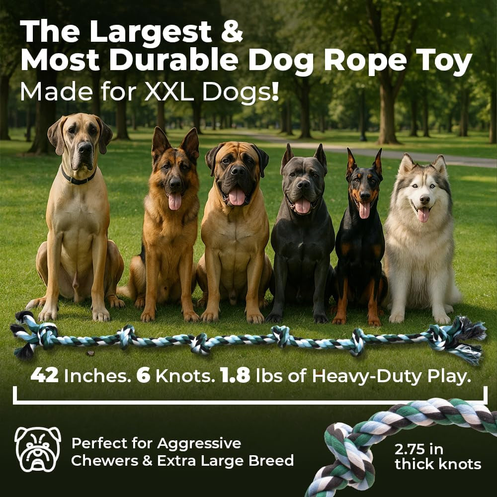 Giant Dog Rope Toy, 42 Inch Tug of War Rope, Green | Durable Dog Toy for Extra Large Dogs, Dog Toys for Aggressive Chewers, Giant Tug Toy for Dogs, Cotton Blend