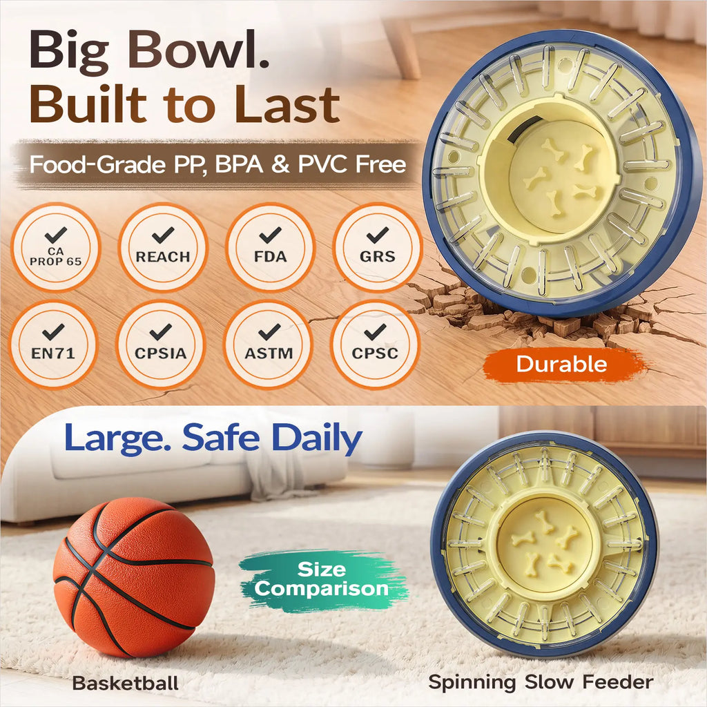 KADTC 5-60 Min Adjustable Slow Feeder Bowl for Fast Eaters, Spinning Dog Puzzle Feeder, Anti-Gulping Interactive Food Dispenser, 4-Cup Capacity, Mental Enrichment Treat Toy